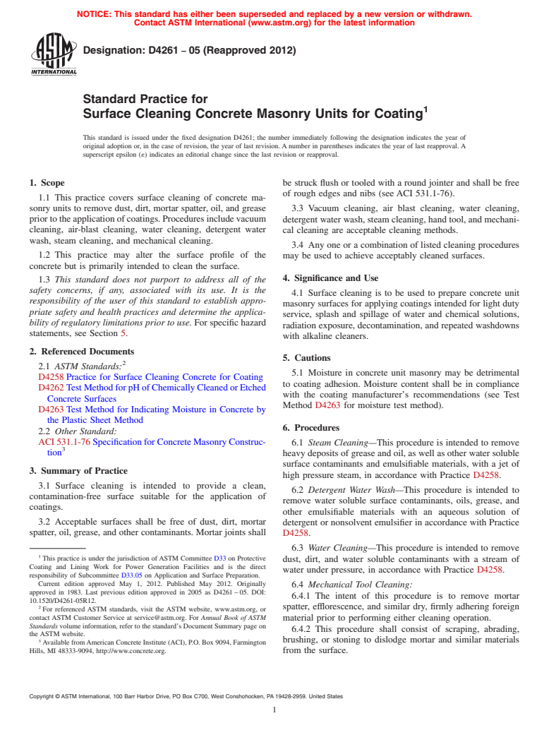 ASTM D4261-05(2012) - Standard Practice for  Surface Cleaning Concrete Masonry Units for Coating