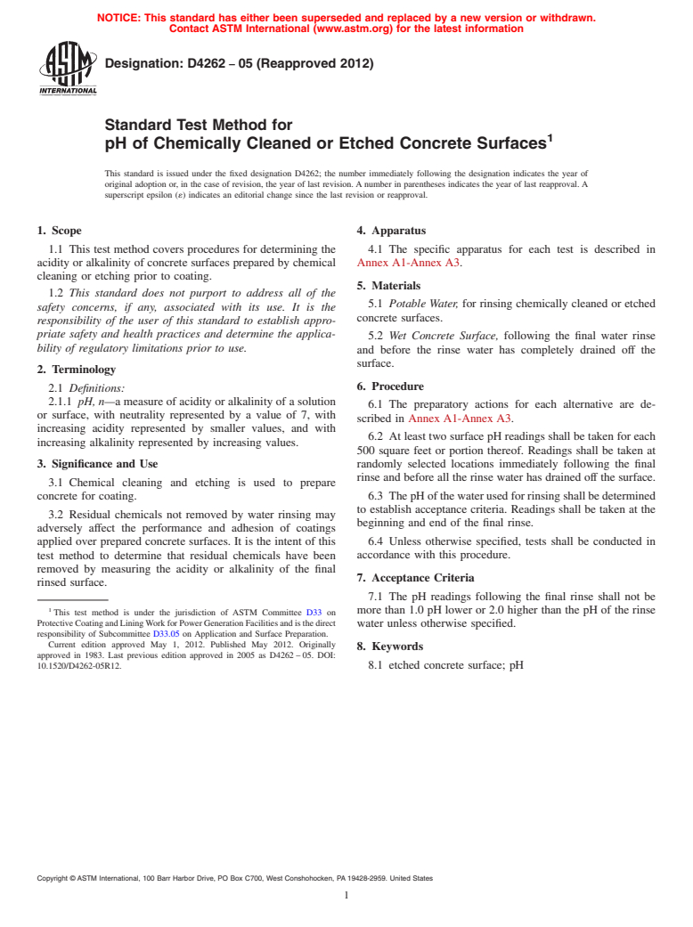 ASTM D4262-05(2012) - Standard Test Method for  pH of Chemically Cleaned or Etched Concrete Surfaces