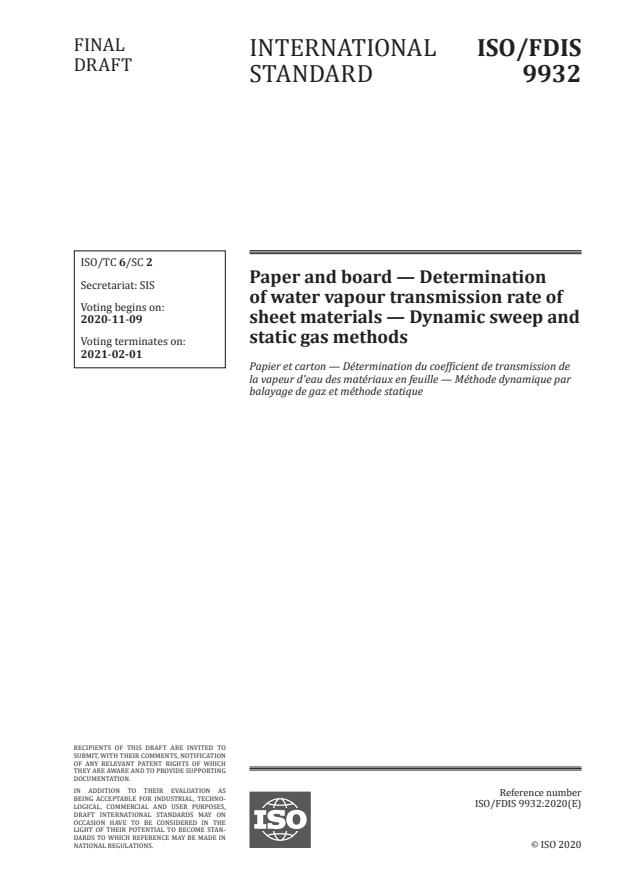 ISO/FDIS 9932:Version 07-nov-2020 - Paper and board -- Determination of water vapour transmission rate of sheet materials -- Dynamic sweep and static gas methods