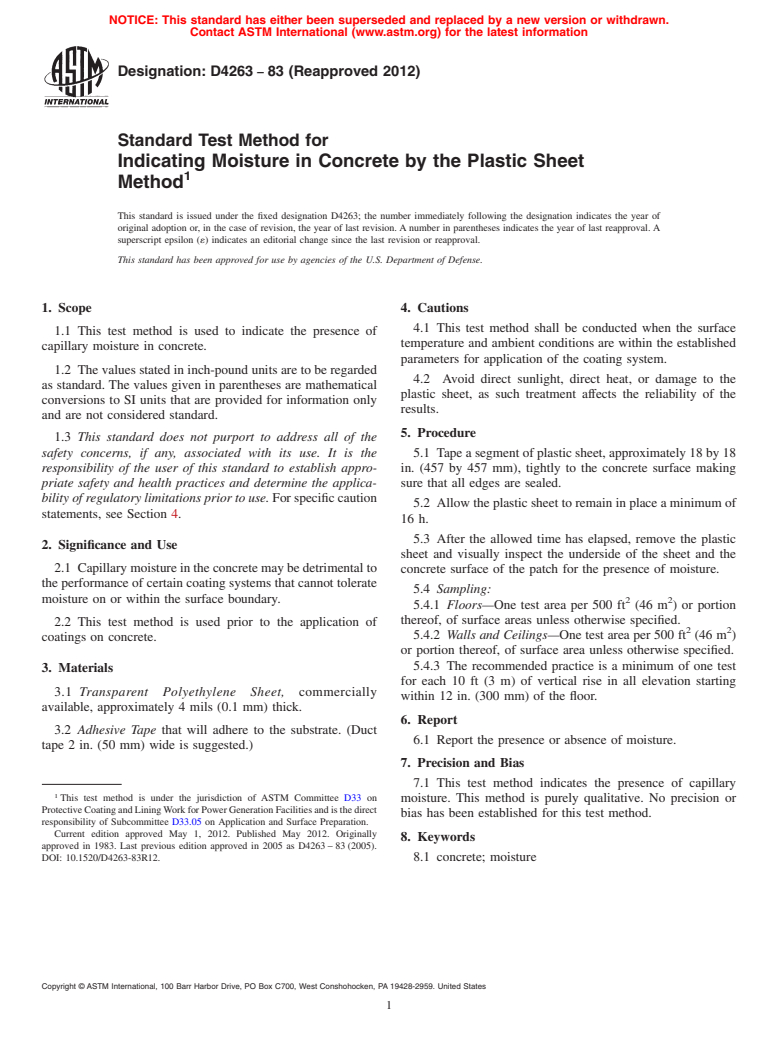 ASTM D4263-83(2012) - Standard Test Method for  Indicating Moisture in Concrete by the Plastic Sheet Method