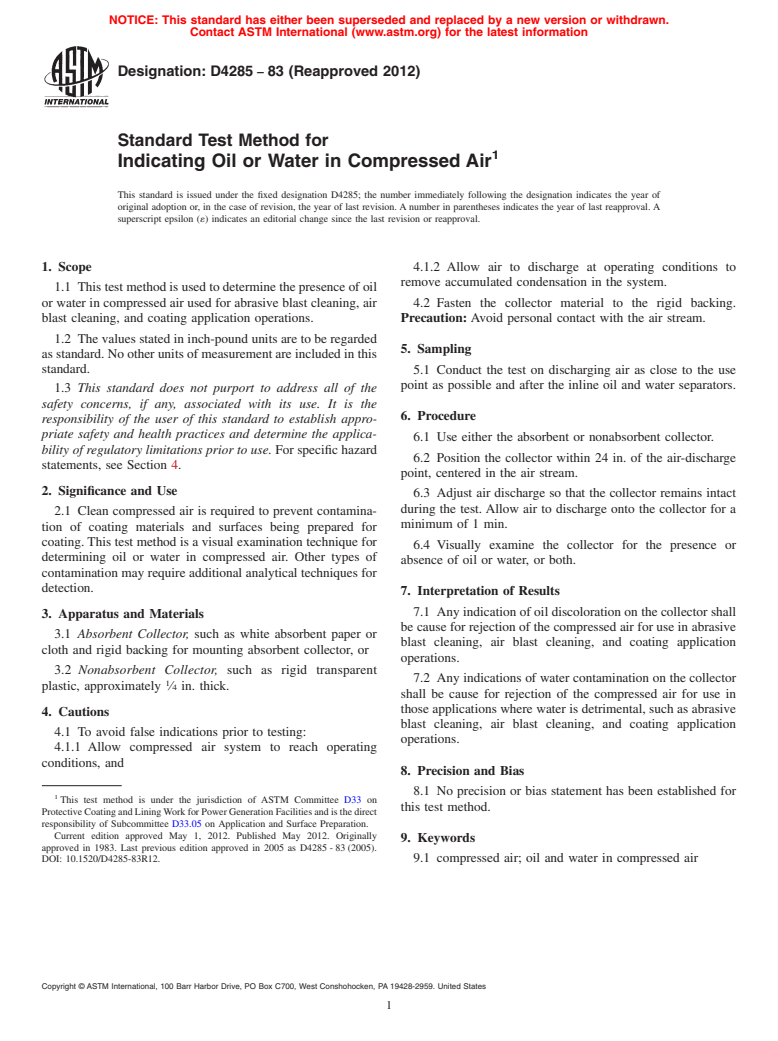 ASTM D4285-83(2012) - Standard Test Method for  Indicating Oil or Water in Compressed Air