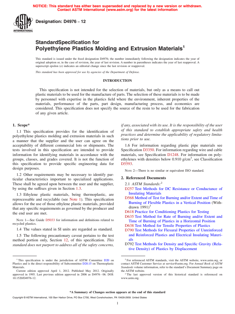 ASTM D4976-12 - Standard Specification for Polyethylene Plastics Molding and Extrusion Materials