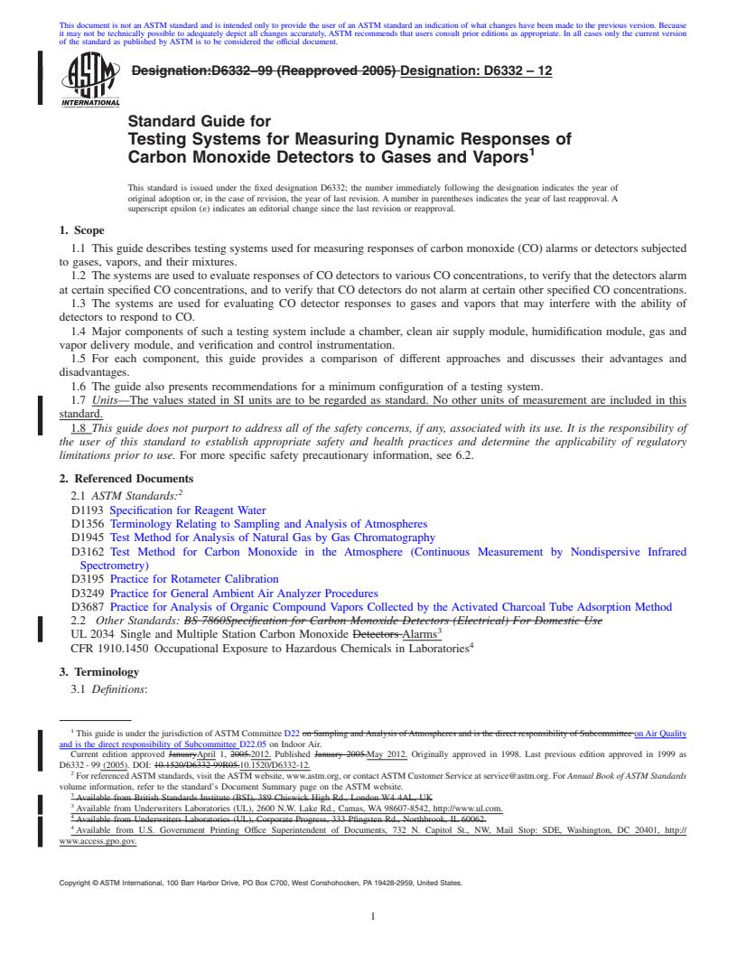 REDLINE ASTM D6332-12 - Standard Guide for Testing Systems for Measuring Dynamic Responses of Carbon Monoxide Detectors to Gases and Vapors