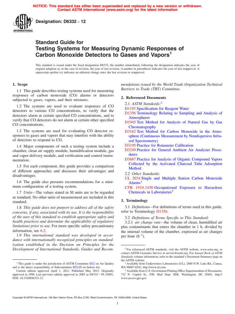 ASTM D6332-12 - Standard Guide for Testing Systems for Measuring Dynamic Responses of Carbon Monoxide Detectors to Gases and Vapors