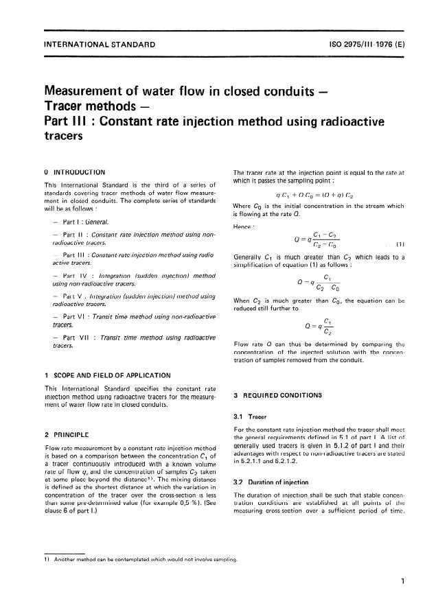 ISO 2975-3:1976 - Measurement of water flow in closed conduits -- Tracer methods
