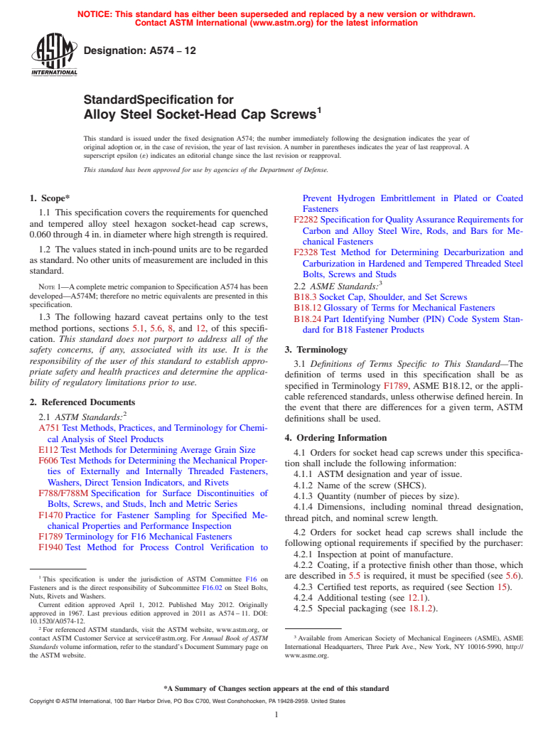 ASTM A574-12 - Standard Specification for  Alloy Steel Socket-Head Cap Screws