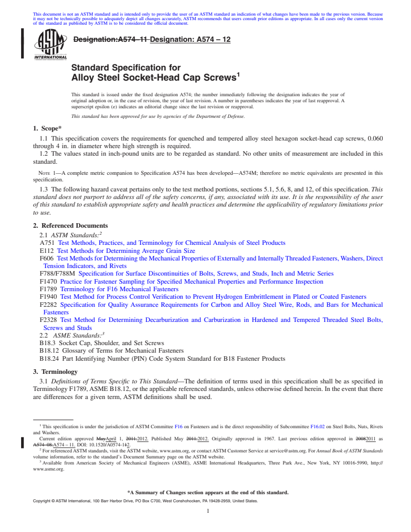 REDLINE ASTM A574-12 - Standard Specification for  Alloy Steel Socket-Head Cap Screws