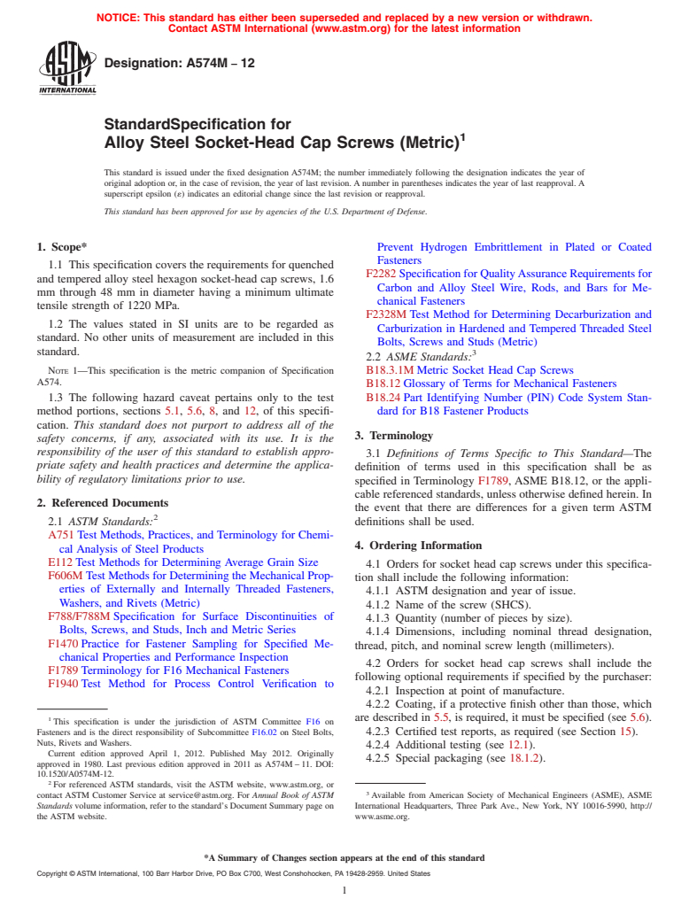 ASTM A574M-12 - Standard Specification for  Alloy Steel Socket-Head Cap Screws (Metric) (Withdrawn 2015)