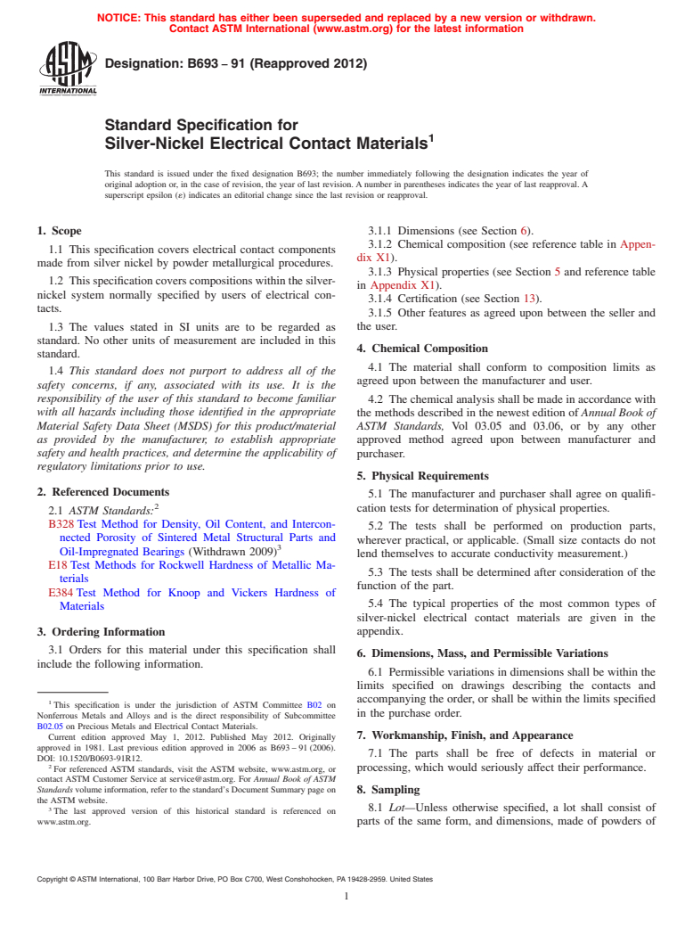 ASTM B693-91(2012) - Standard Specification for  Silver-Nickel Electrical Contact Materials