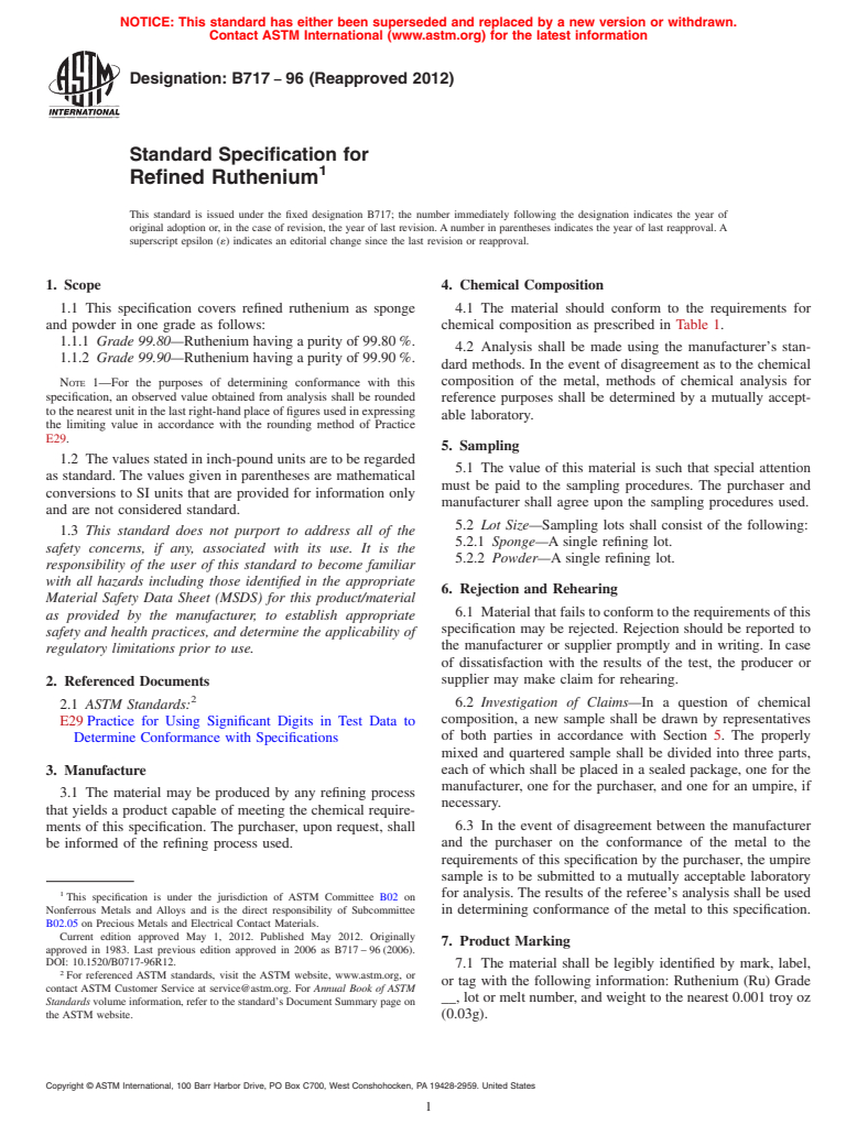 ASTM B717-96(2012) - Standard Specification for  Refined Ruthenium