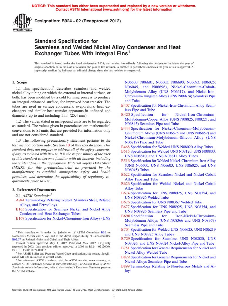 ASTM B924-02(2012) - Standard Specification for Seamless and Welded Nickel Alloy Condenser and Heat Exchanger Tubes  With Integral Fins