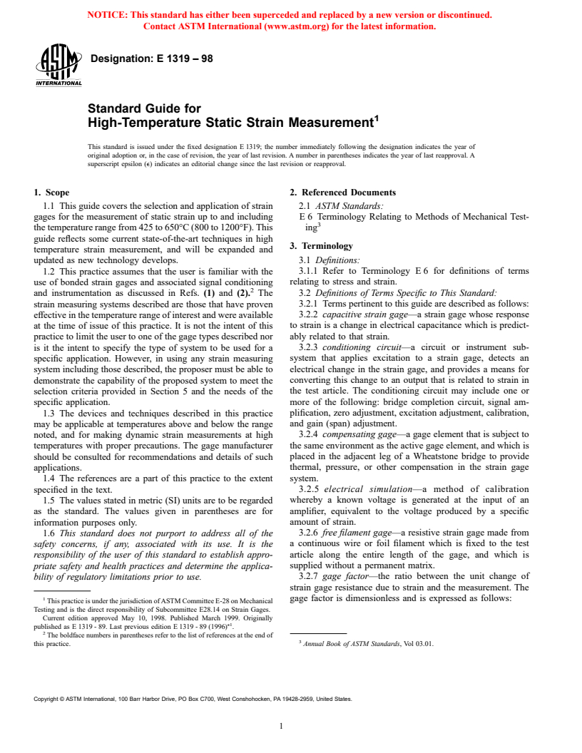 ASTM E1319-98 - Standard Guide for High-Temperature Static Strain Measurement