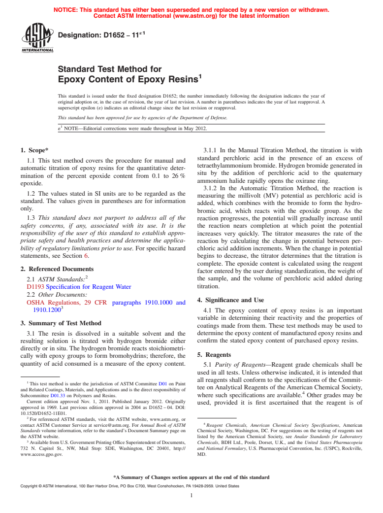 ASTM D1652-11e1 - Standard Test Method for Epoxy Content of Epoxy Resins