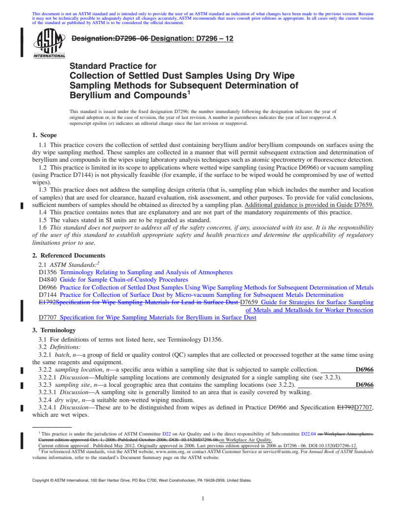 REDLINE ASTM D7296-12 - Standard Practice for Collection of Settled Dust Samples Using Dry Wipe Sampling Methods for Subsequent Determination of Beryllium and Compounds