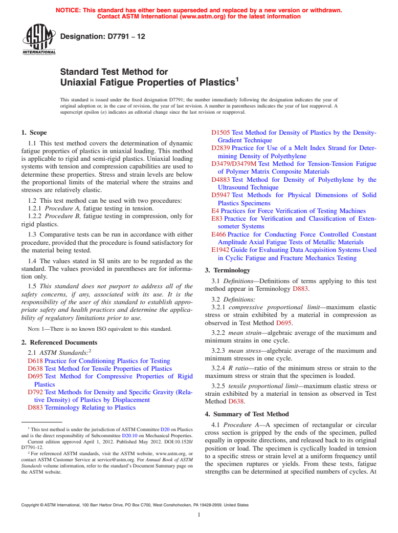 ASTM D7791-12 - Standard Test Method for Uniaxial Fatigue Properties of Plastics