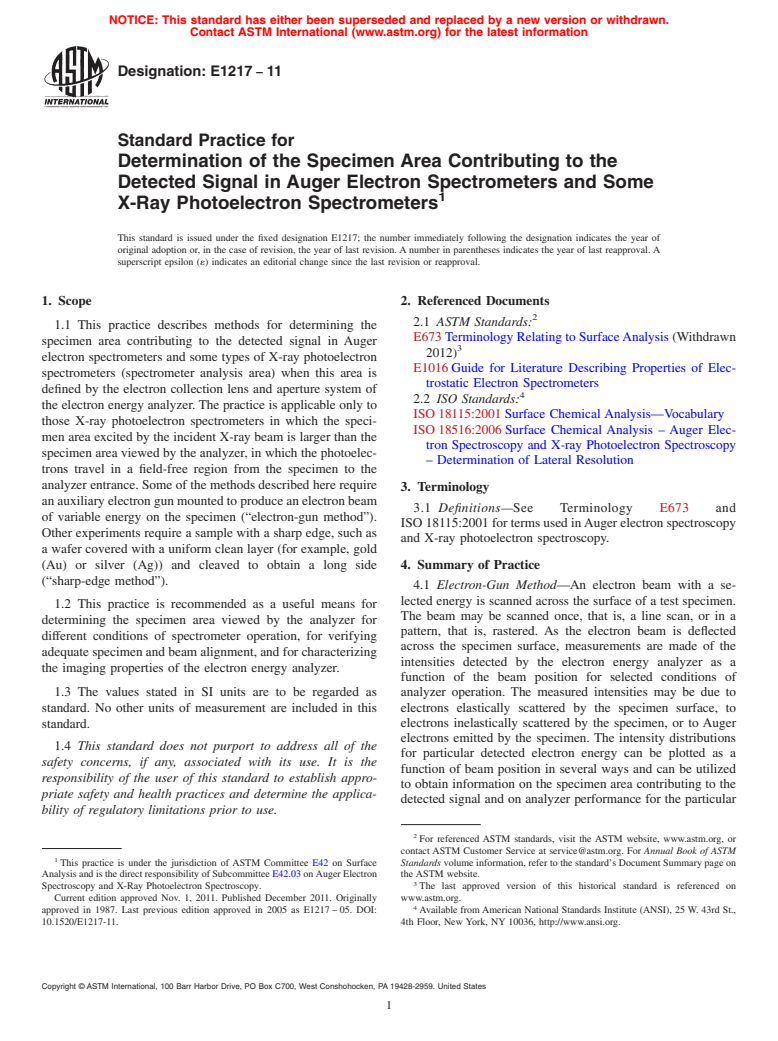 ASTM E1217-11 - Standard Practice for Determination of the Specimen Area Contributing to the Detected Signal in Auger Electron Spectrometers and Some X-Ray Photoelectron Spectrometers