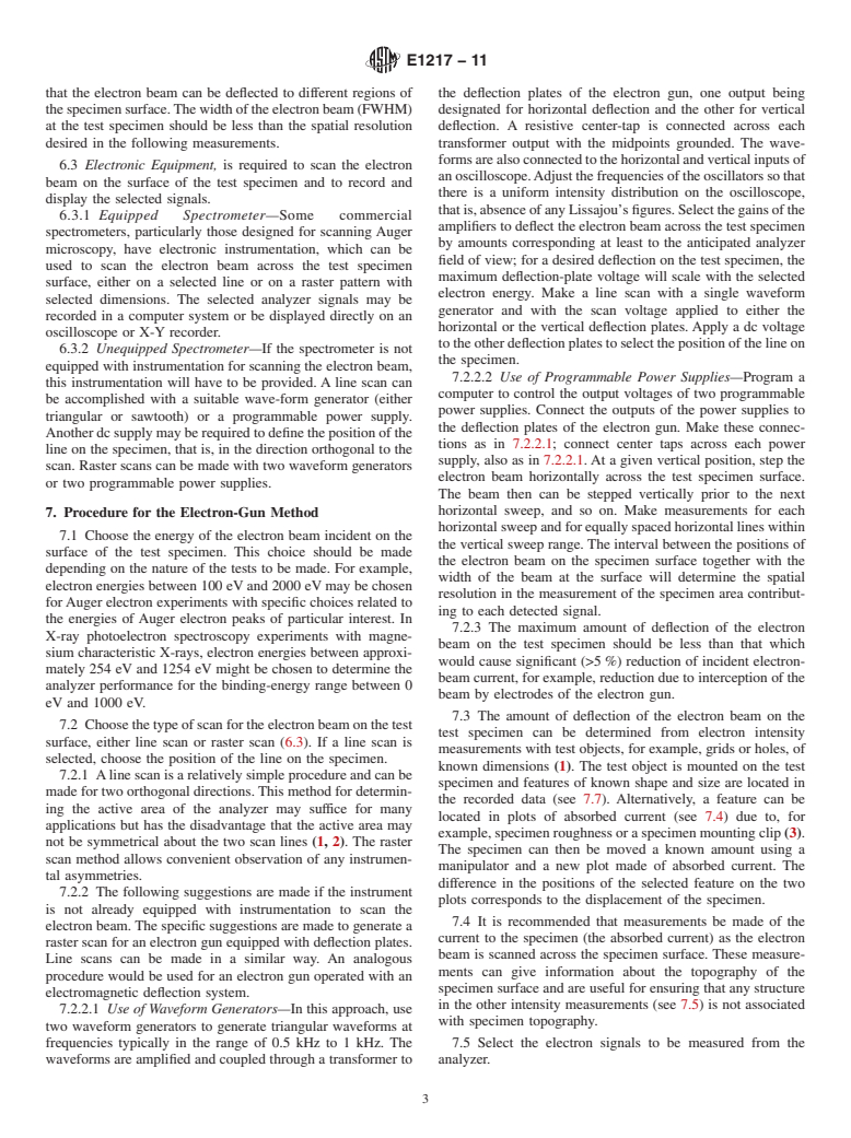 ASTM E1217-11 - Standard Practice for Determination of the Specimen Area Contributing to the Detected Signal in Auger Electron Spectrometers and Some X-Ray Photoelectron Spectrometers