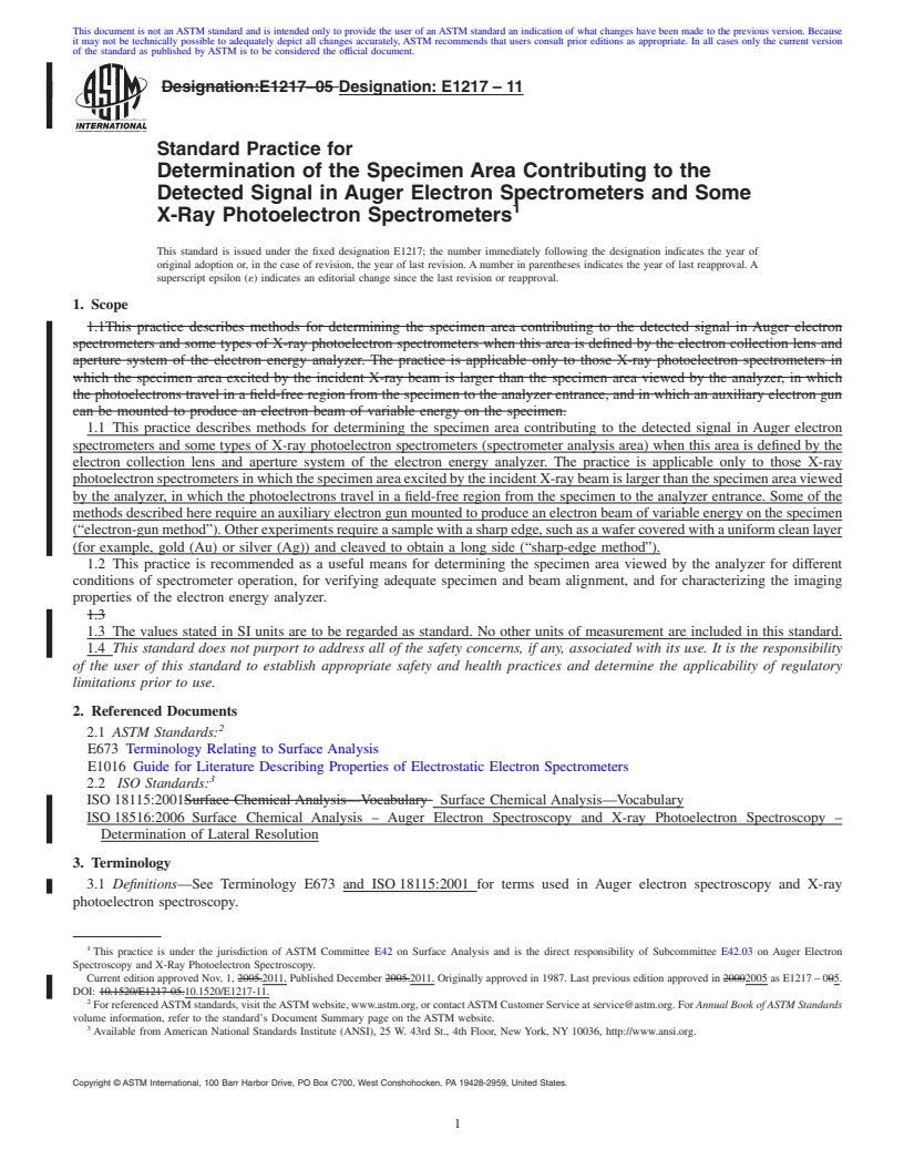 REDLINE ASTM E1217-11 - Standard Practice for Determination of the Specimen Area Contributing to the Detected Signal in Auger Electron Spectrometers and Some X-Ray Photoelectron Spectrometers