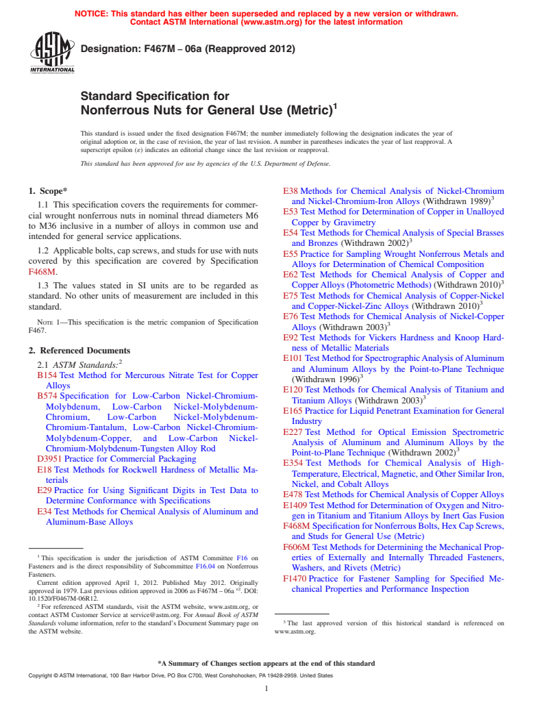 ASTM F467M-06a(2012) - Standard Specification for  Nonferrous Nuts for General Use (Metric)