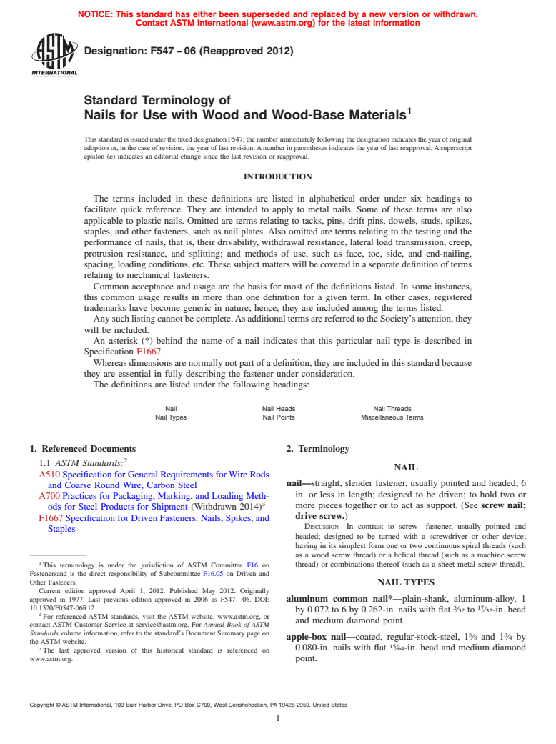 ASTM F547-06(2012) - Standard Terminology of  Nails for Use with Wood and Wood-Base Materials