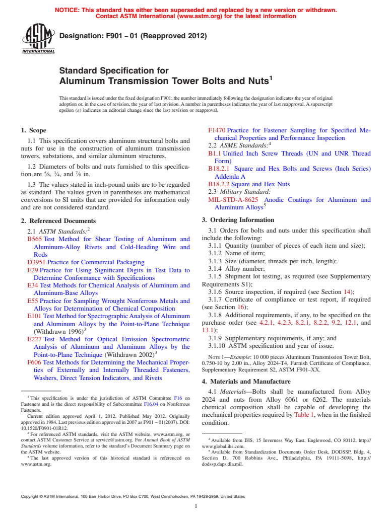 ASTM F901-01(2012) - Standard Specification for  Aluminum Transmission Tower Bolts and Nuts