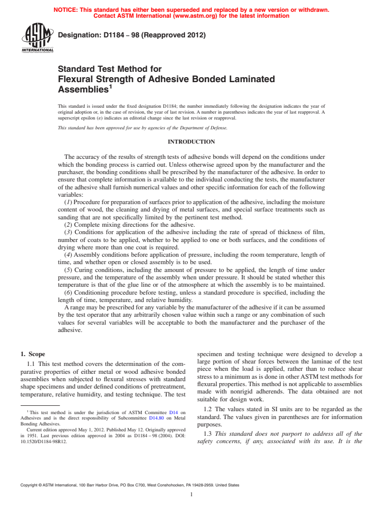 ASTM D1184-98(2012) - Standard Test Method for  Flexural Strength of Adhesive Bonded Laminated Assemblies