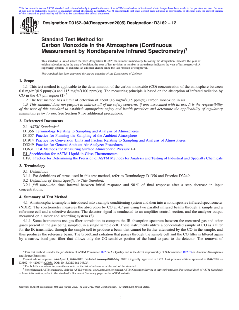 REDLINE ASTM D3162-12 - Standard Test Method for  Carbon Monoxide in the Atmosphere (Continuous Measurement by Nondispersive Infrared Spectrometry)