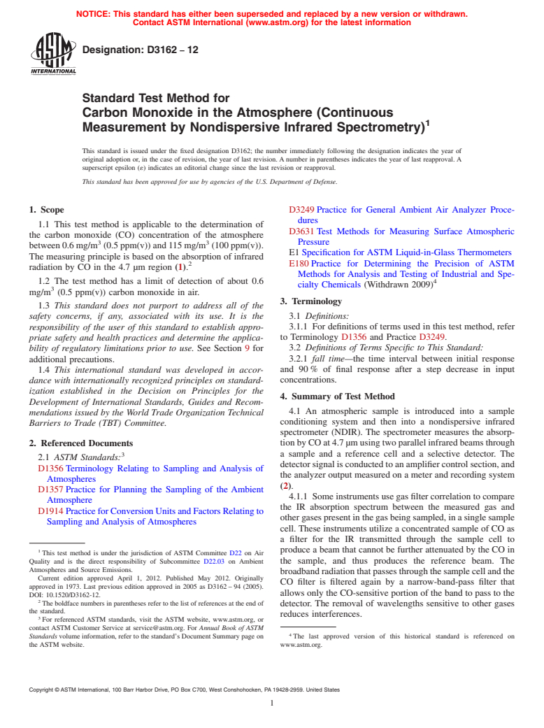 ASTM D3162-12 - Standard Test Method for  Carbon Monoxide in the Atmosphere (Continuous Measurement by Nondispersive Infrared Spectrometry)