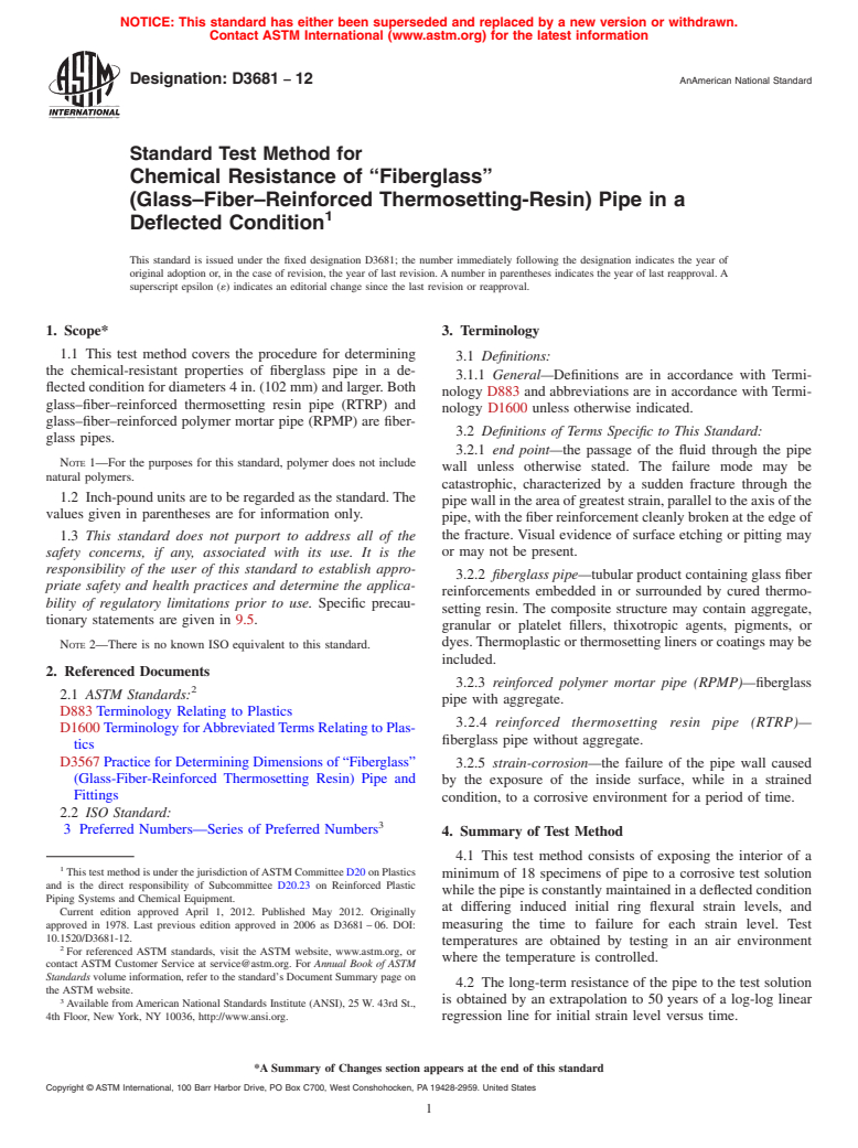 ASTM D3681-12 - Standard Test Method for  Chemical Resistance of &ldquo;Fiberglass&rdquo; (Glass&ndash;Fiber&ndash;Reinforced Thermosetting-Resin) Pipe in a Deflected Condition