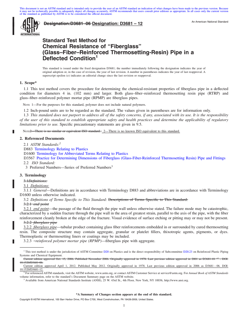 REDLINE ASTM D3681-12 - Standard Test Method for  Chemical Resistance of &ldquo;Fiberglass&rdquo; (Glass&ndash;Fiber&ndash;Reinforced Thermosetting-Resin) Pipe in a Deflected Condition