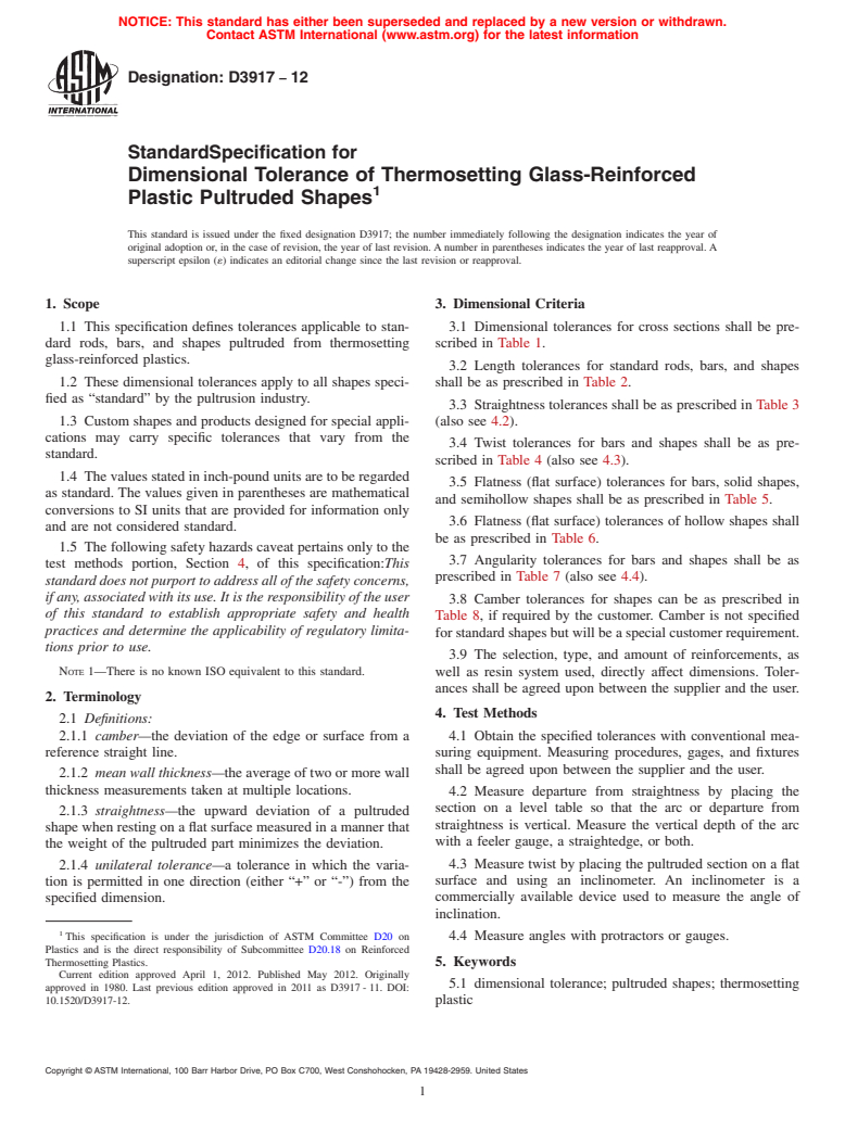 ASTM D3917-12 - Standard Specification for  Dimensional Tolerance of Thermosetting Glass-Reinforced Plastic Pultruded Shapes