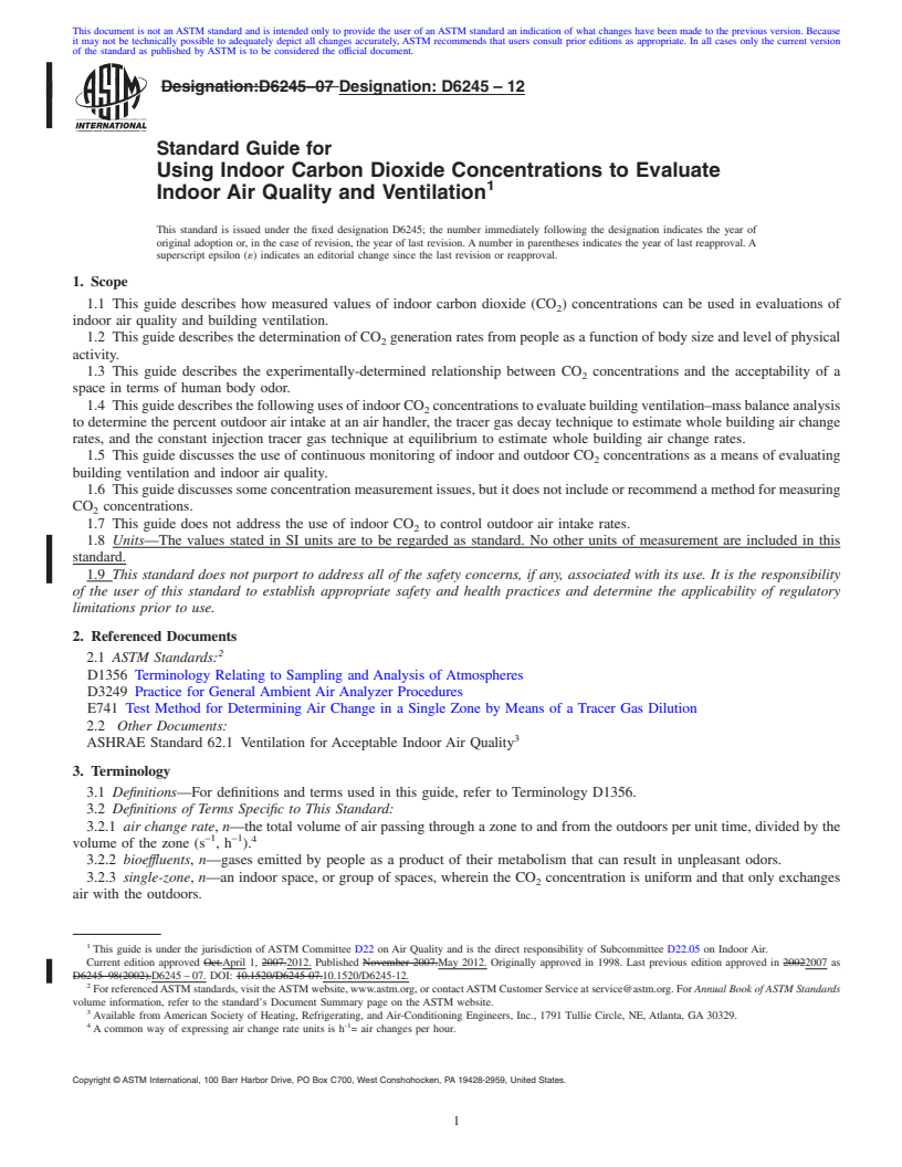 REDLINE ASTM D6245-12 - Standard Guide for Using Indoor Carbon Dioxide Concentrations to Evaluate Indoor Air Quality and Ventilation