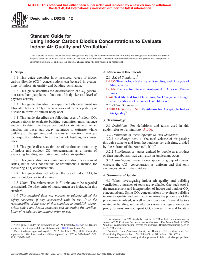 ASTM D6245-12 - Standard Guide for Using Indoor Carbon Dioxide Concentrations to Evaluate Indoor Air Quality and Ventilation