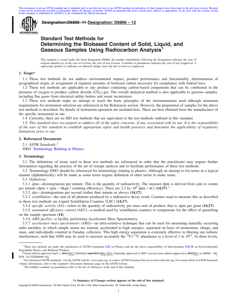REDLINE ASTM D6866-12 - Standard Test Methods for Determining the Biobased Content of Solid, Liquid, and Gaseous Samples Using Radiocarbon Analysis