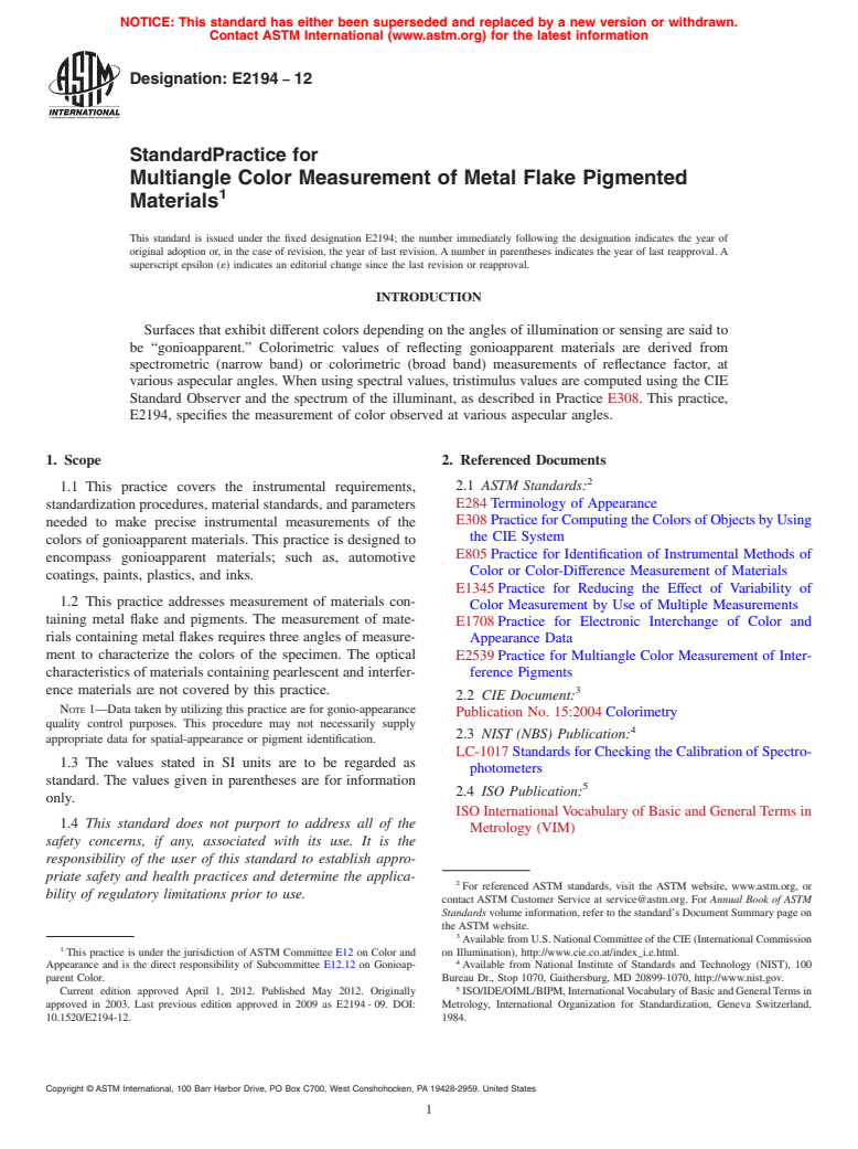 ASTM E2194-12 - Standard Practice for Multiangle Color Measurement of Metal Flake Pigmented Materials