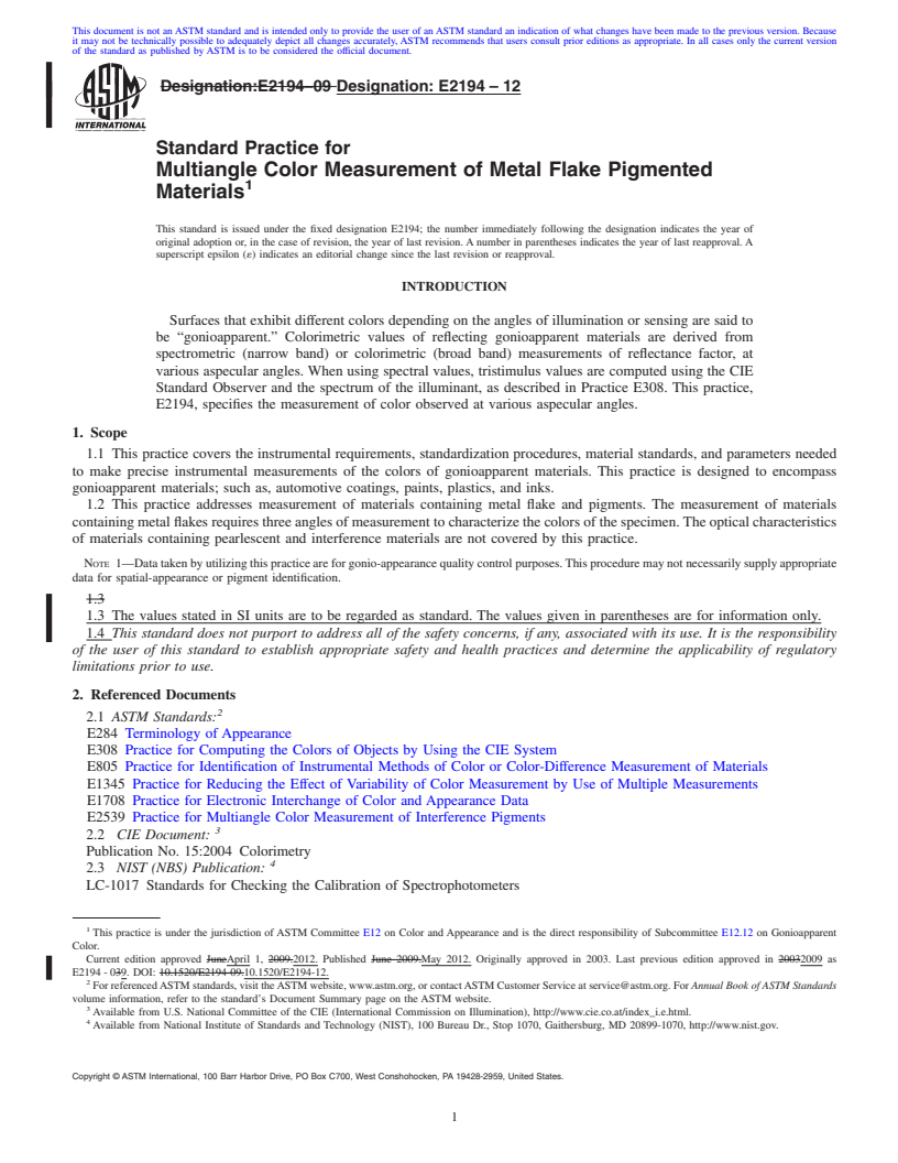 REDLINE ASTM E2194-12 - Standard Practice for Multiangle Color Measurement of Metal Flake Pigmented Materials