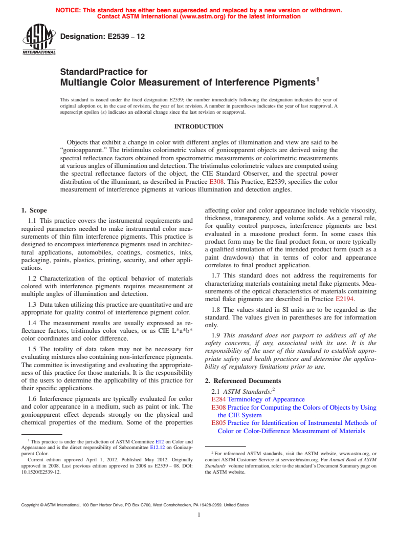 ASTM E2539-12 - Standard Practice for Multiangle Color Measurement of Interference Pigments