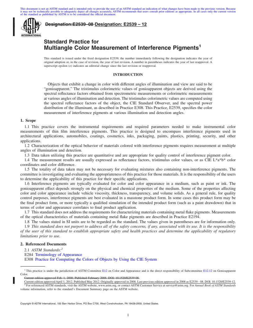 REDLINE ASTM E2539-12 - Standard Practice for Multiangle Color Measurement of Interference Pigments