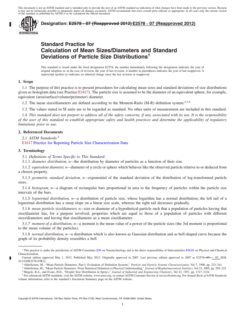 REDLINE ASTM E2578-07(2012) - Standard Practice for Calculation of Mean Sizes/Diameters and Standard Deviations of Particle Size Distributions