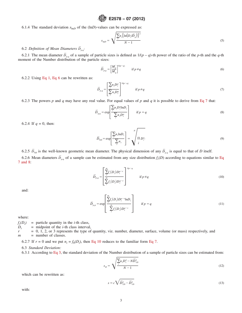 REDLINE ASTM E2578-07(2012) - Standard Practice for Calculation of Mean Sizes/Diameters and Standard Deviations of Particle Size Distributions