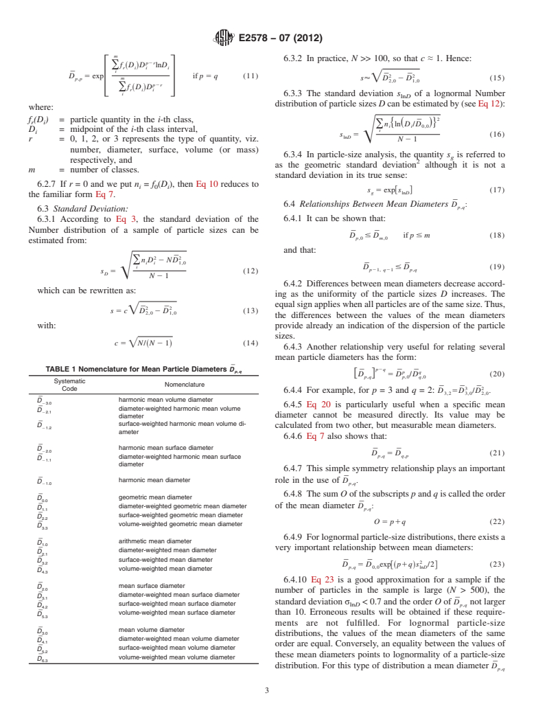 ASTM E2578-07(2012) - Standard Practice for Calculation of Mean Sizes/Diameters and Standard Deviations of Particle Size Distributions