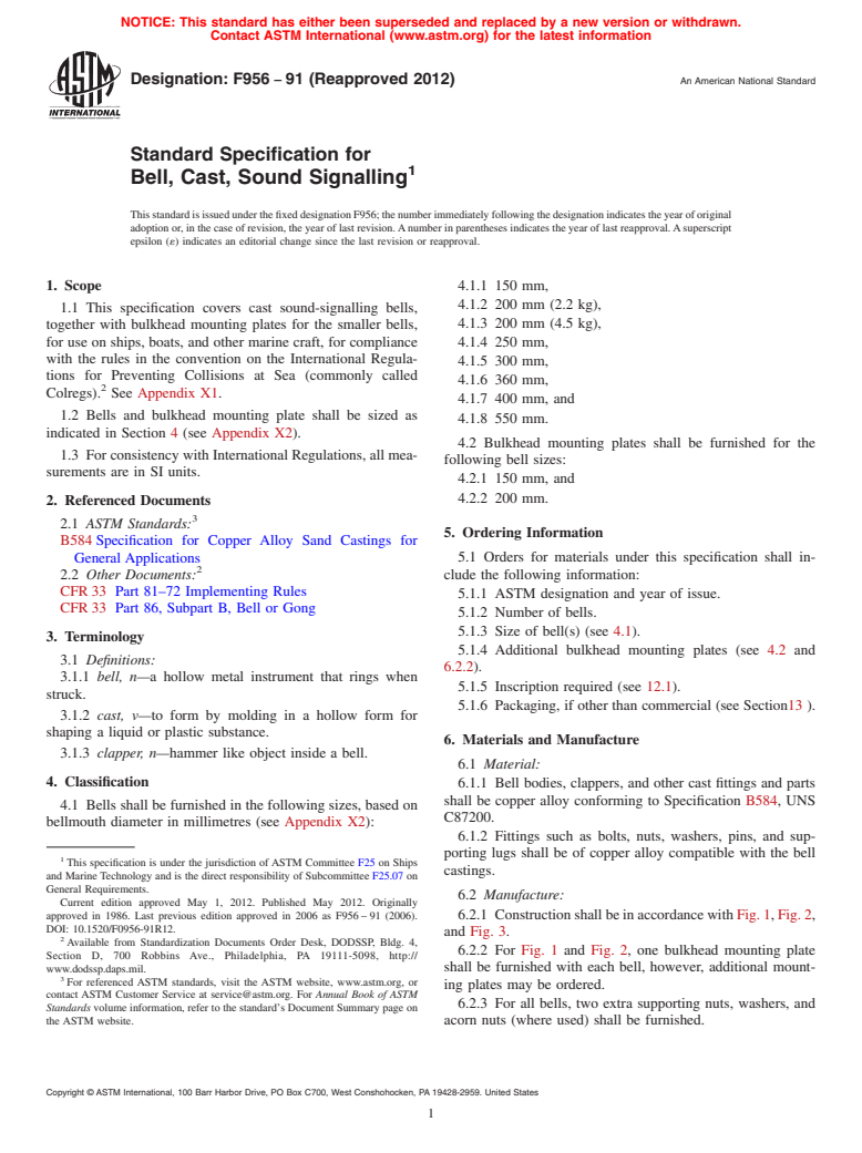 ASTM F956-91(2012) - Standard Specification for  Bell, Cast, Sound Signalling