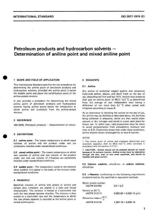 ISO 2977:1974 - Petroleum products and hydrocarbon solvents -- Determination of aniline point and mixed aniline point