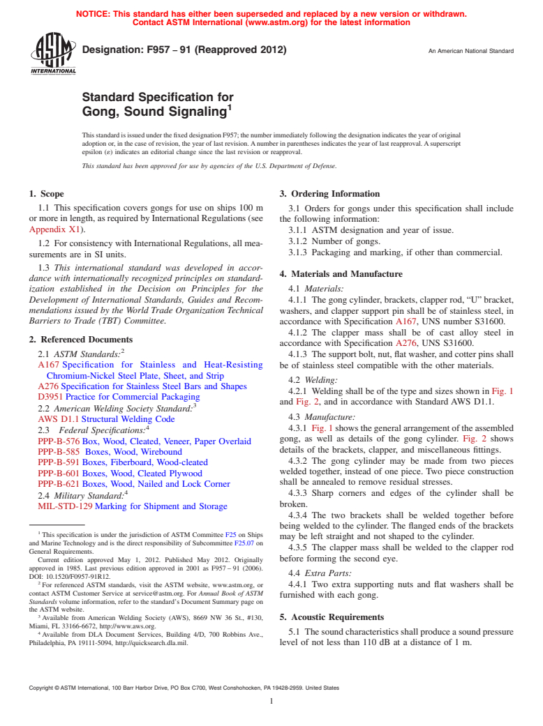 ASTM F957-91(2012) - Standard Specification for  Gong, Sound Signaling