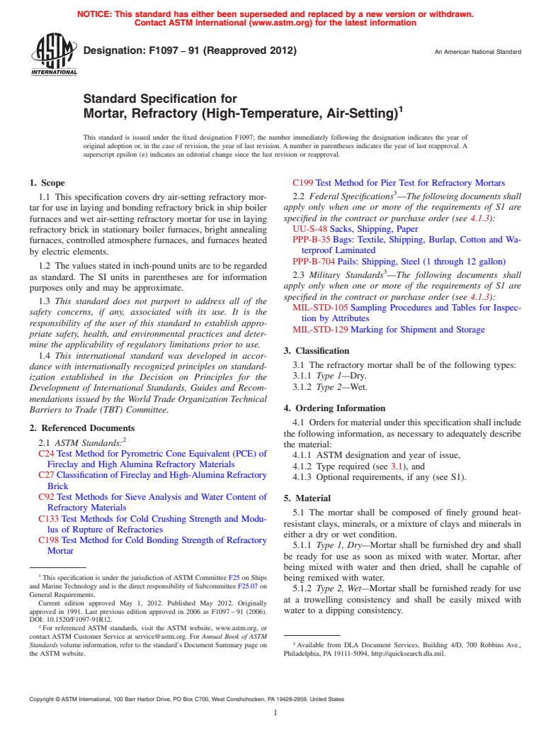 ASTM F1097-91(2012) - Standard Specification for Mortar, Refractory (High-Temperature, Air-Setting)