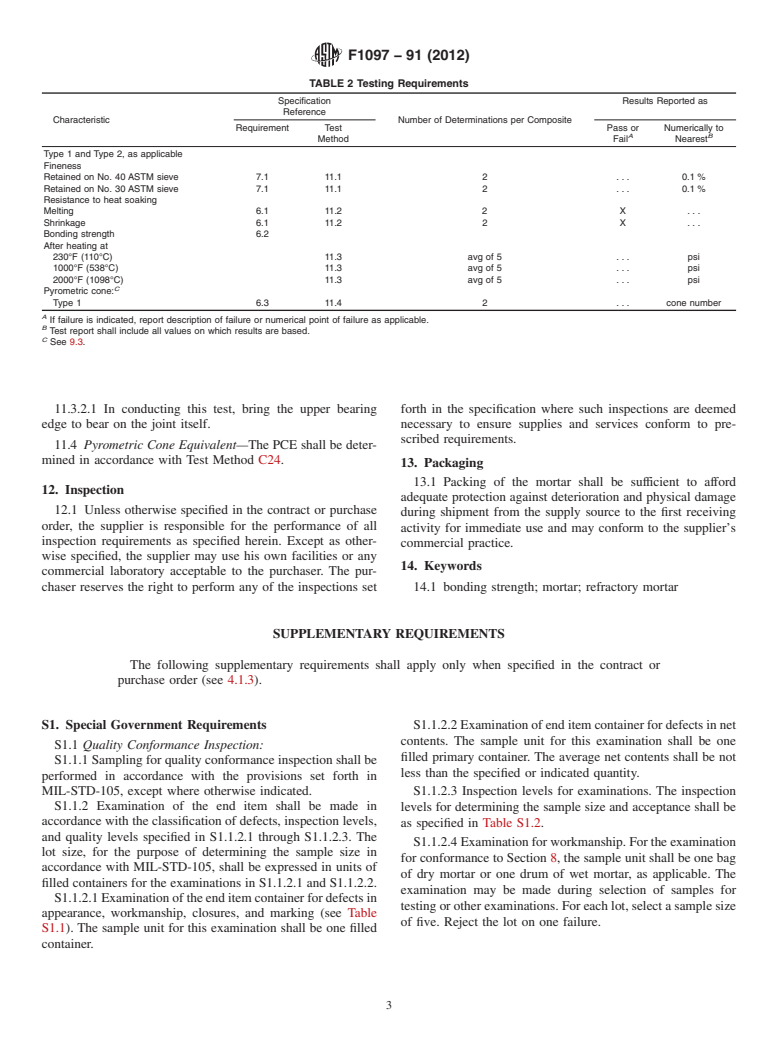 ASTM F1097-91(2012) - Standard Specification for Mortar, Refractory (High-Temperature, Air-Setting)