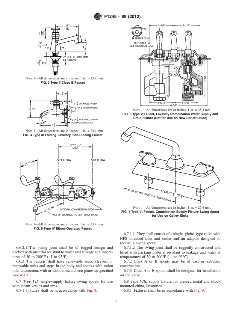 ASTM F1245-89(2012) - Standard Specification for Faucets, Single and Double, Compression and Self-Closing Type, Shipboard