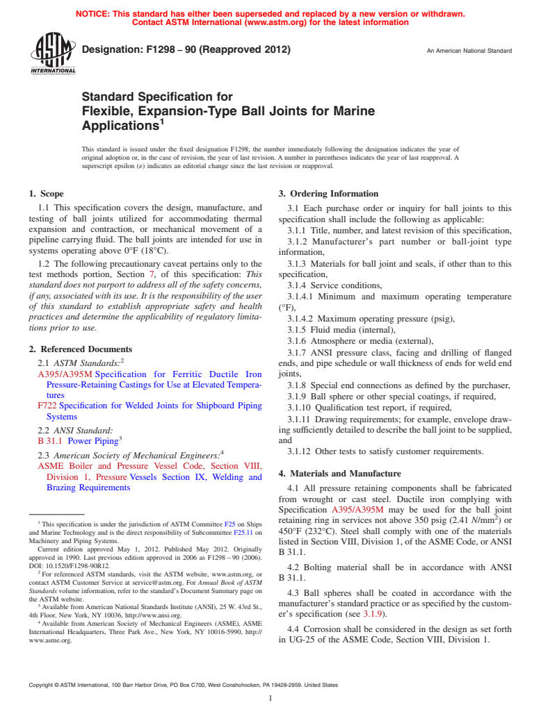 ASTM F1298-90(2012) - Standard Specification for Flexible, Expansion-Type Ball Joints for Marine Applications