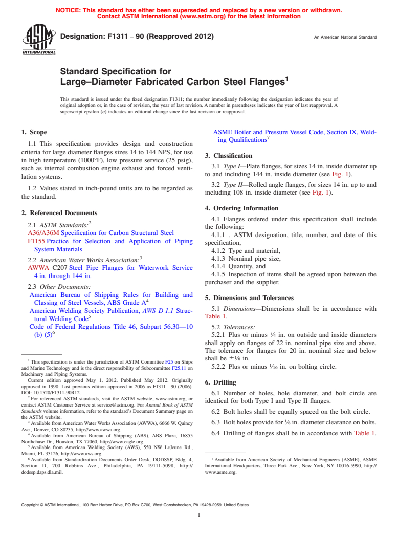 ASTM F1311-90(2012) - Standard Specification for Large&ndash;Diameter Fabricated Carbon Steel Flanges