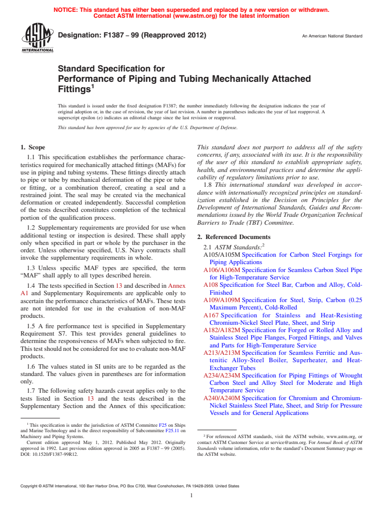 ASTM F1387-99(2012) - Standard Specification for  Performance of Piping and Tubing Mechanically Attached Fittings